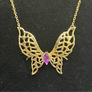 Vintage Gold Filigree Butterfly
Necklace with Purple Stone, 14k GP 1970’s